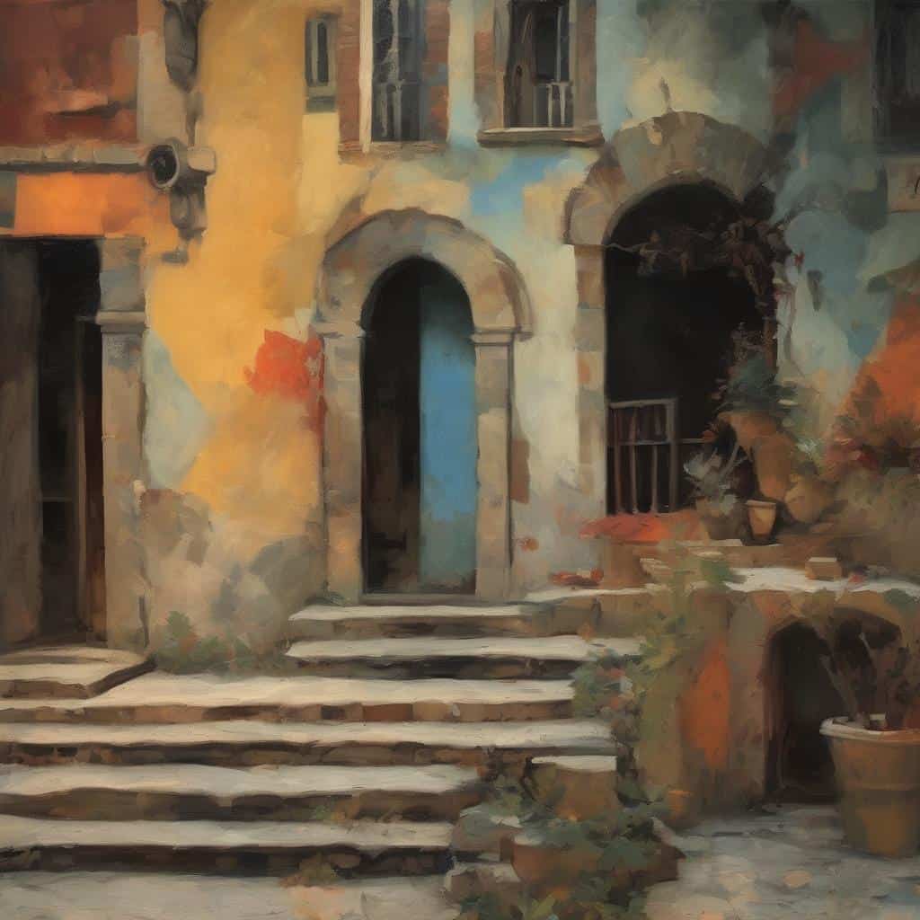 Παλιά ξενώνα με καλντερίμι και φυτά σε ήσυχη γειτονιά, καλλιτεχνική απεικόνιση της τέχνης του σήμερα και νέες τάσεις στην τέχνη.