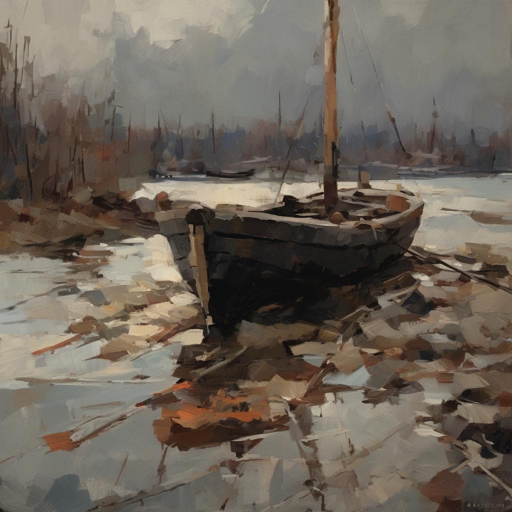 Αγκυροβόλιο σε λίμνη με βάρκα μέσα σε ζωγραφική καλλιτεχνική εργασία.